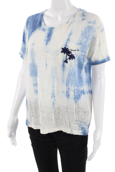 Bannerday Womens Basic Blue Linen Short Sleeve T-Shirt Round Neck Size 1