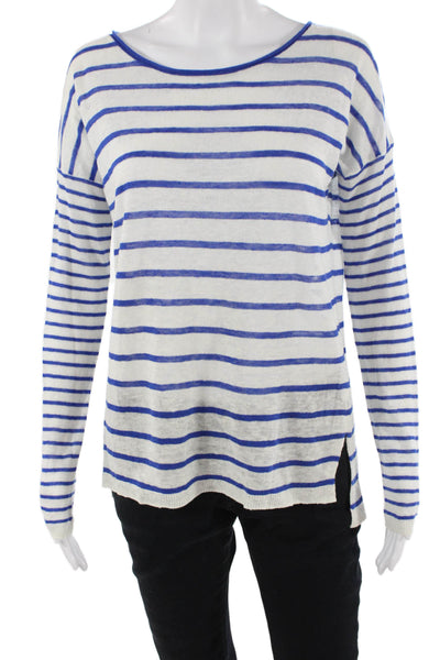 Vince Women Striped Linen Long Sleeve T-Shirt White Nautical Size S
