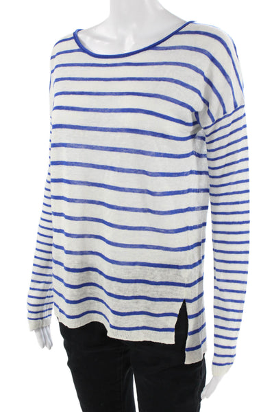 Vince Women Striped Linen Long Sleeve T-Shirt White Nautical Size S