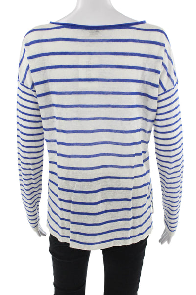 Vince Women Striped Linen Long Sleeve T-Shirt White Nautical Size S
