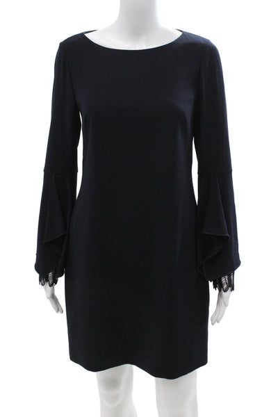 Elie Tahari, Women Shift Dress Dark Blue Polyester Long Sleeve Midi Zip Size S