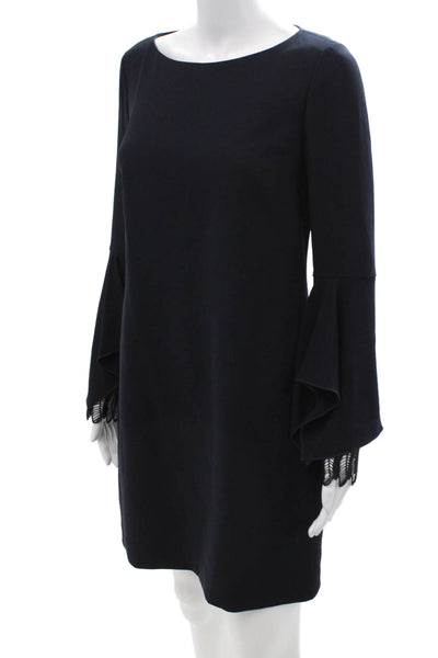 Elie Tahari, Women Shift Dress Dark Blue Polyester Long Sleeve Midi Zip Size S