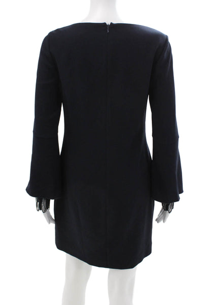 Elie Tahari, Women Shift Dress Dark Blue Polyester Long Sleeve Midi Zip Size S