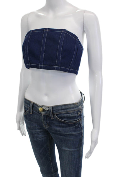 By Dylan Women Cropped Sleeveless Striped Zip Top Dark Blue Size S