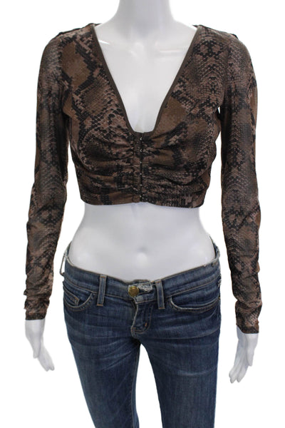 Hours Women Cropped Brown Animal Print V-Neck Hook & Eye Long Sleeve Top Size S