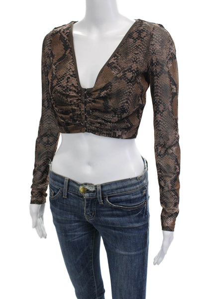 Hours Women Cropped Brown Animal Print V-Neck Hook & Eye Long Sleeve Top Size S