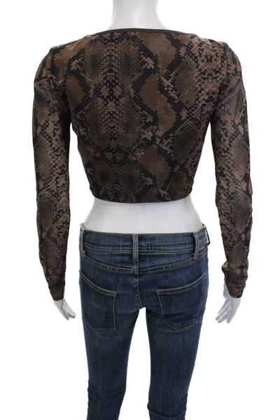 Hours Women Cropped Brown Animal Print V-Neck Hook & Eye Long Sleeve Top Size S