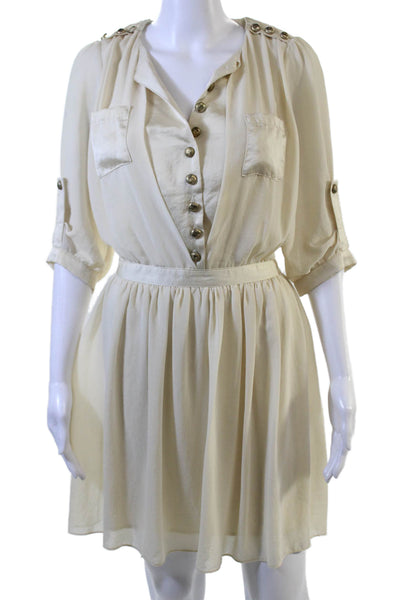 Blush Women Beige Shirt Dress V-Neck 3/4 Sleeve Button Polyester Knee Size S
