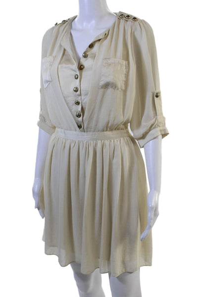 Blush Women Beige Shirt Dress V-Neck 3/4 Sleeve Button Polyester Knee Size S