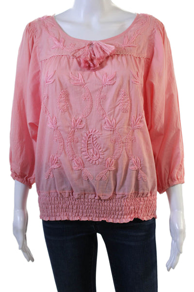 Letarte Handmade Women Boho Paisley Cotton Tunic Pink 3/4 Sleeve Size S