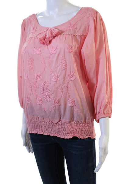 Letarte Handmade Women Boho Paisley Cotton Tunic Pink 3/4 Sleeve Size S