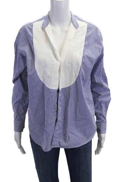Frank & Eileen Women Striped Blue Cotton Button-Up Long Sleeve Size 2XS