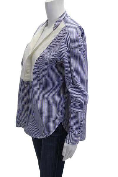 Frank & Eileen Women Striped Blue Cotton Button-Up Long Sleeve Size 2XS