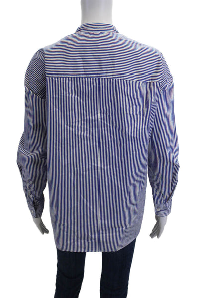 Frank & Eileen Women Striped Blue Cotton Button-Up Long Sleeve Size 2XS