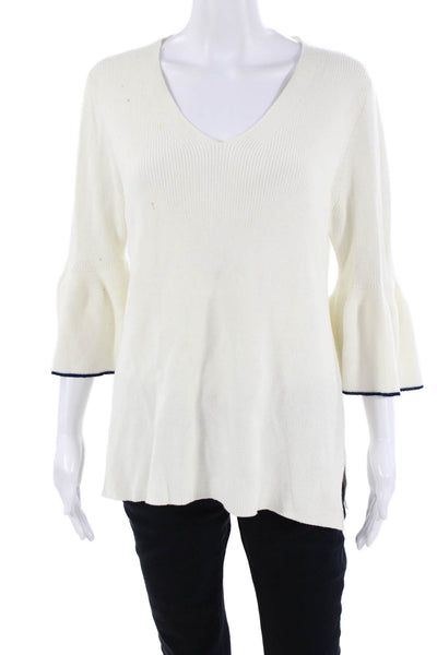 Draper James Women White V-Neck Pullover Sweater 3/4 Sleeve Size L