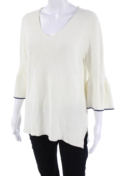 Draper James Women White V-Neck Pullover Sweater 3/4 Sleeve Size L
