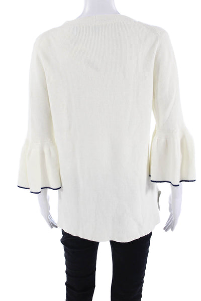 Draper James Women White V-Neck Pullover Sweater 3/4 Sleeve Size L