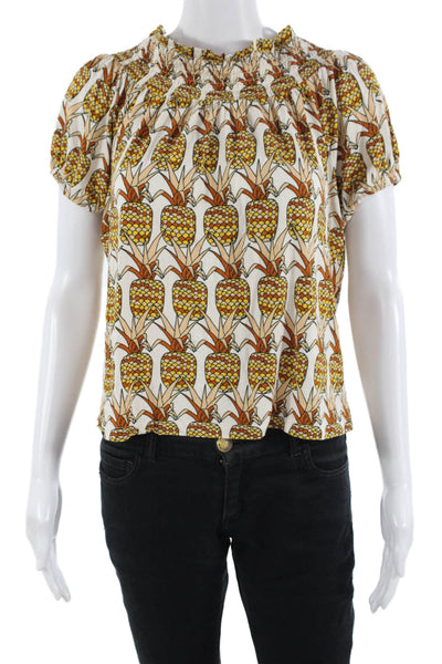 Porridge Anthropologie Women Beige Graphic Print Short Sleeve Blouse Size S