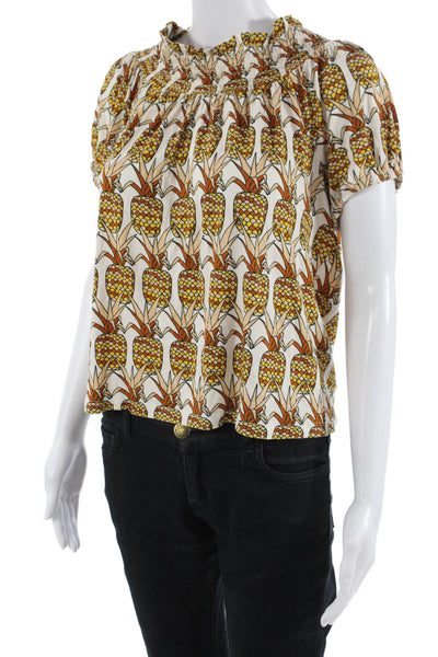 Porridge Anthropologie Women Beige Graphic Print Short Sleeve Blouse Size S