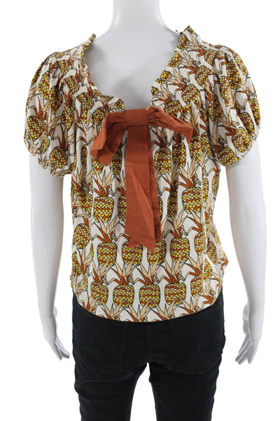 Porridge Anthropologie Women Beige Graphic Print Short Sleeve Blouse Size S