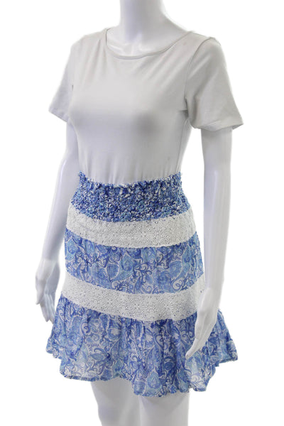 Temptation Positano Womens Peasant Mini Skirt Blue Paisley 100% Cotton Size XS