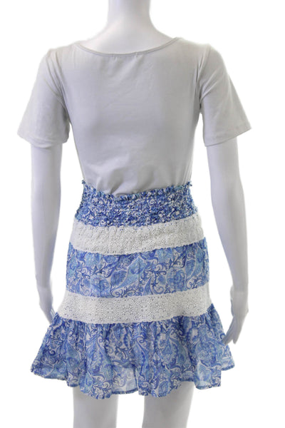 Temptation Positano Womens Peasant Mini Skirt Blue Paisley 100% Cotton Size XS