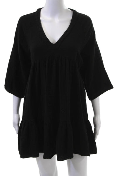 9 Seed Women Kaftan Trapeze Swing Dress Black V-Neck Cotton 3/4 Sleeve Size S