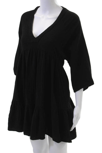 9 Seed Women Kaftan Trapeze Swing Dress Black V-Neck Cotton 3/4 Sleeve Size S