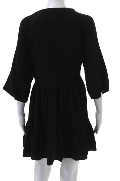 9 Seed Women Kaftan Trapeze Swing Dress Black V-Neck Cotton 3/4 Sleeve Size S