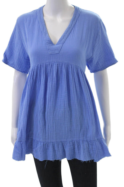 9 Seed Women Tunic Blouse V-Neck Blue Cotton Short Sleeve Size S