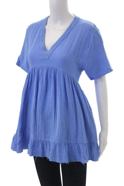 9 Seed Women Tunic Blouse V-Neck Blue Cotton Short Sleeve Size S