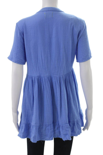 9 Seed Women Tunic Blouse V-Neck Blue Cotton Short Sleeve Size S