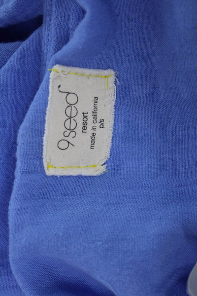 9 Seed Women Tunic Blouse V-Neck Blue Cotton Short Sleeve Size S