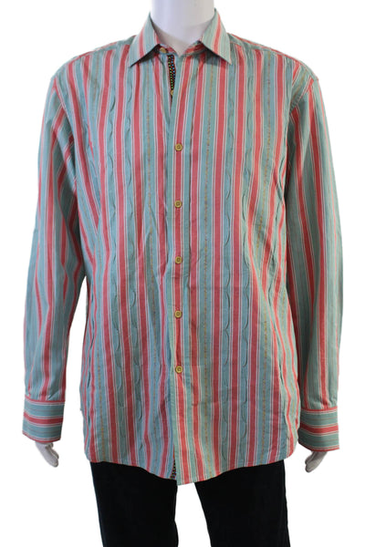Robert Graham Mens Light Blue Striped Cotton Point Spread Button-Up L/S Size M