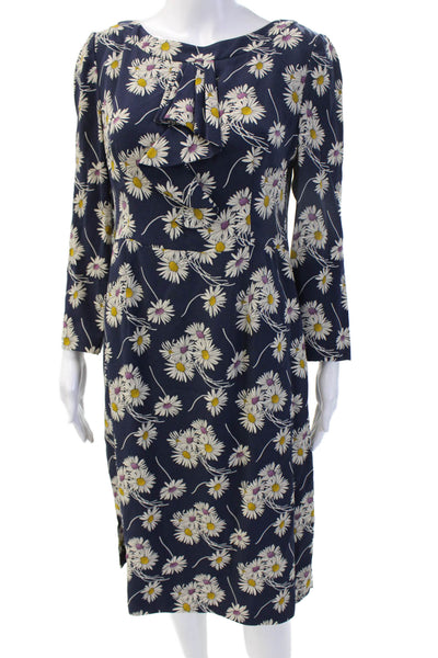 Prada Women Sheath Floral Maxi Dress Dark Blue Long Sleeve Size S