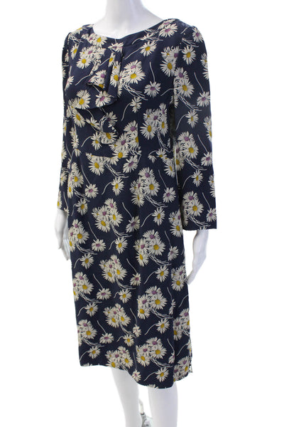 Prada Women Sheath Floral Maxi Dress Dark Blue Long Sleeve Size S
