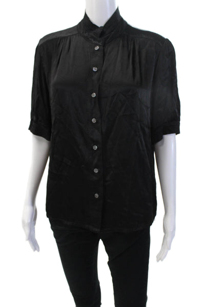 Raquel Allegra Women Black Mock Neck Short Sleeve Button-Up Blouse Size 1