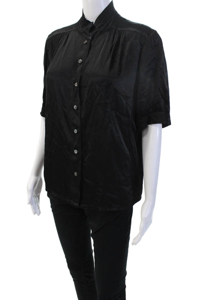 Raquel Allegra Women Black Mock Neck Short Sleeve Button-Up Blouse Size 1