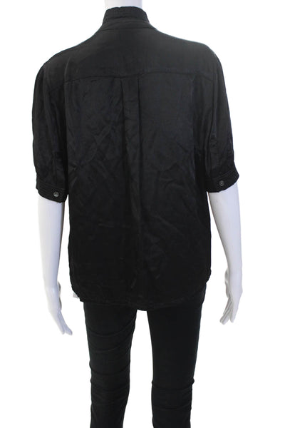 Raquel Allegra Women Black Mock Neck Short Sleeve Button-Up Blouse Size 1
