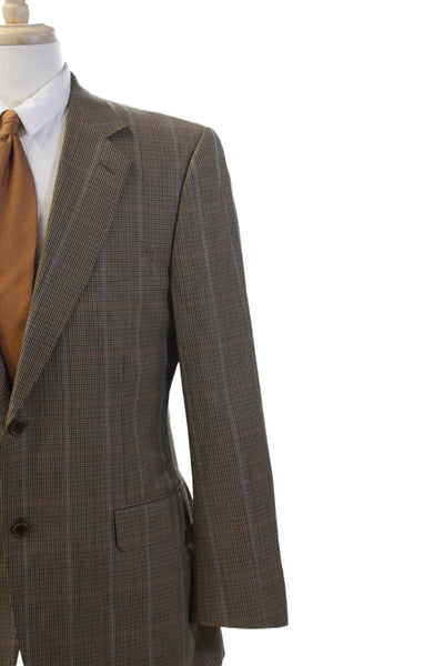 Canali Mens Brown Check Wool Suit Jacket Button Collared Size 52