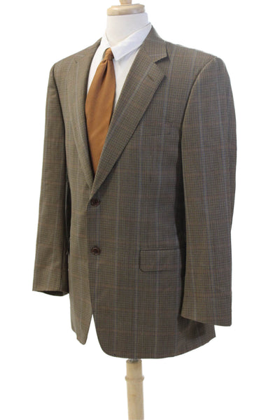 Canali Mens Brown Check Wool Suit Jacket Button Collared Size 52