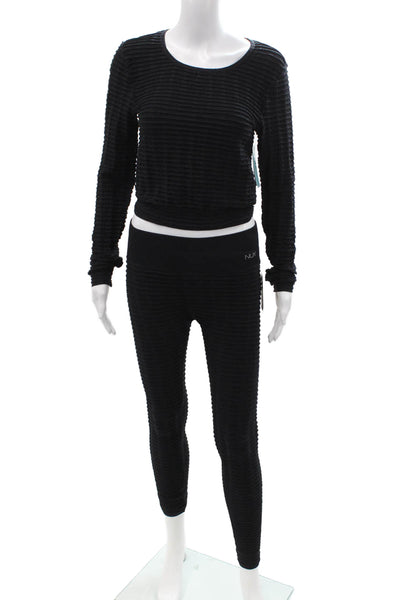 Nux Women Ankle Leggings Black Striped Long Sleeve Round Neck Size S
