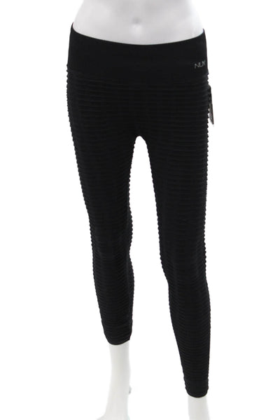 Nux Women Ankle Leggings Black Striped Long Sleeve Round Neck Size S