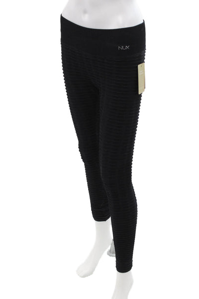 Nux Women Ankle Leggings Black Striped Long Sleeve Round Neck Size S