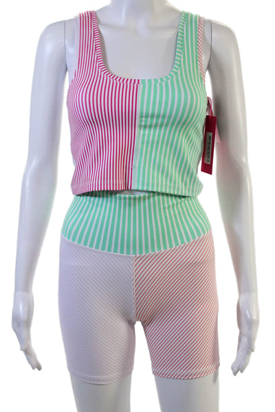 Terez Unisex Biker Striped Green Shorts Size S