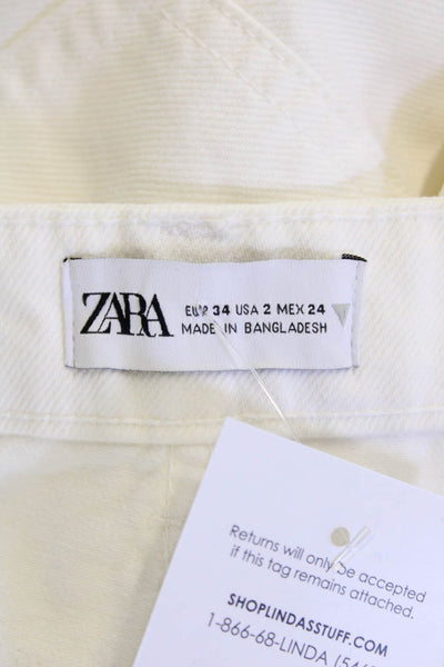 Zara Women White Cropped Pants Mid Rise Button Fly Size 2