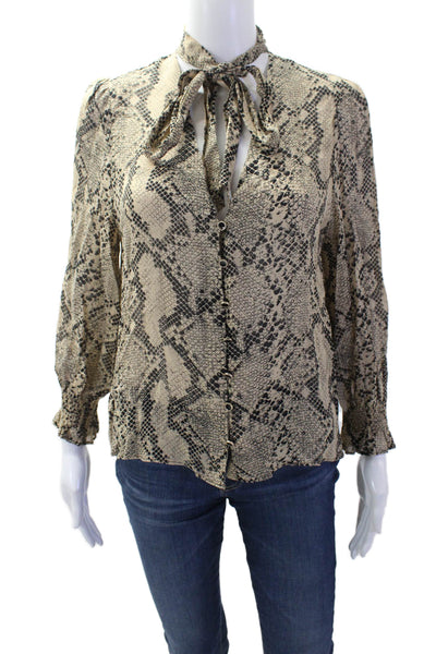 Zara Women Beige Animal Print Viscose High Neck Button-Up Blouse Size XS