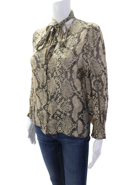 Zara Women Beige Animal Print Viscose High Neck Button-Up Blouse Size XS