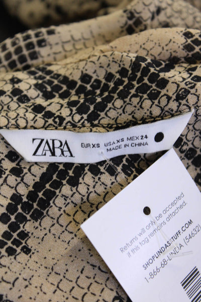 Zara Women Beige Animal Print Viscose High Neck Button-Up Blouse Size XS