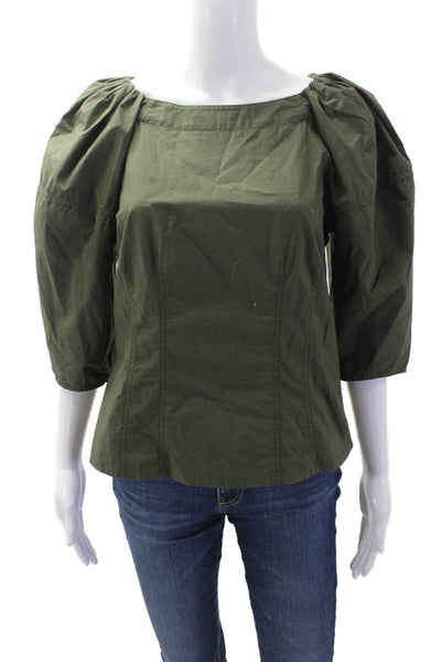 La Vie Women Green Cotton Square Neck 3/4 Sleeve Army Zip Blouse Size S